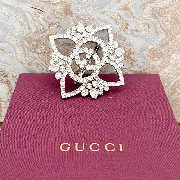 RUNWAY New! Gucci Strass Crystal Interlocking GG Flower Multi-Finger Ring - Picture 7 of 11
